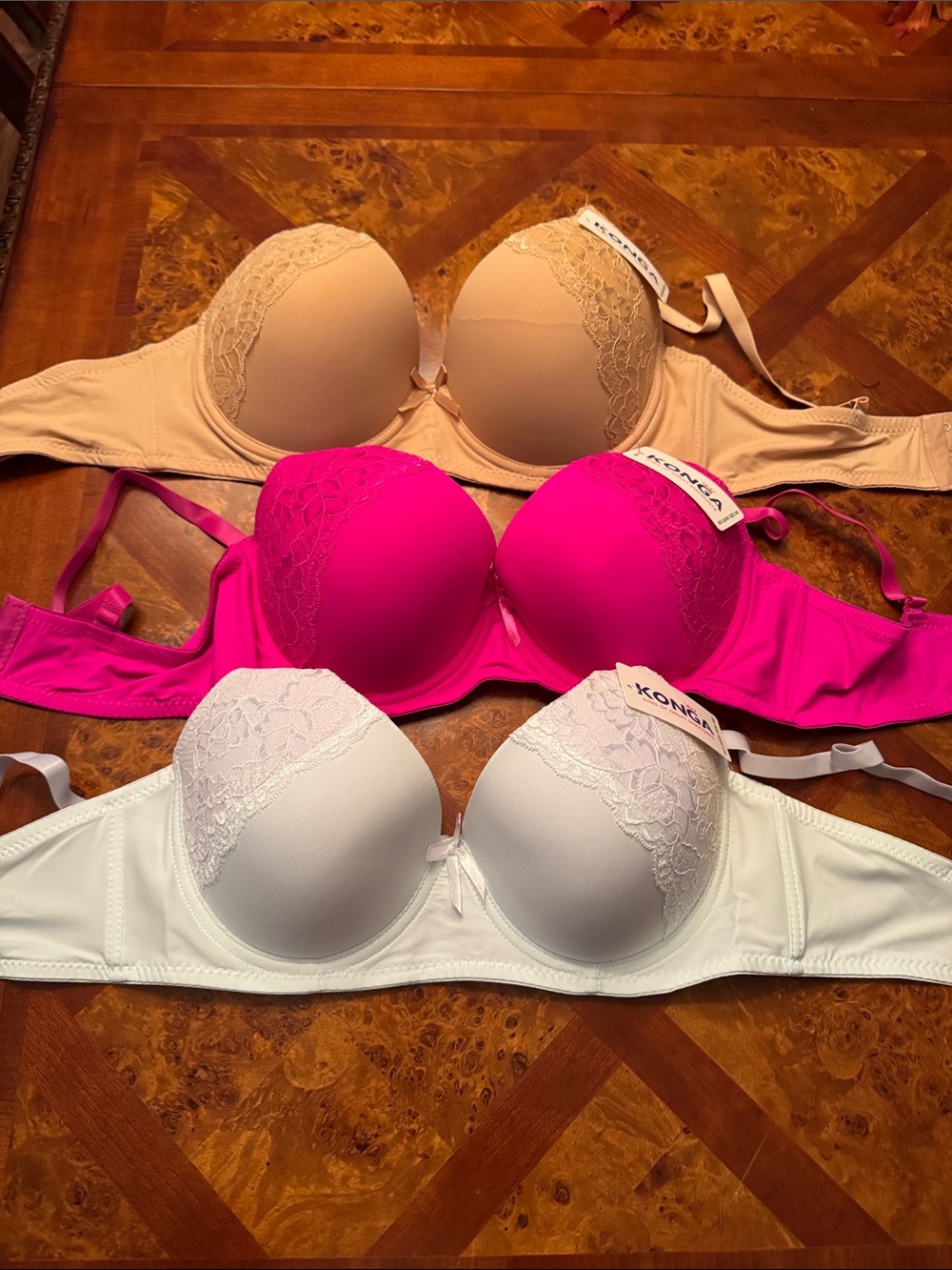 Kong Trio Lace-Trim Push-Up Bras - White, Hot Pink, Nude